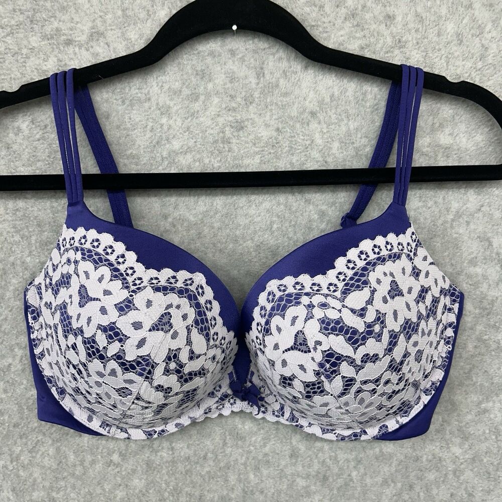 Victoria Secret Very Sexy Push Up Pigeonnant Bra 36DD Blue White Lace Overlay